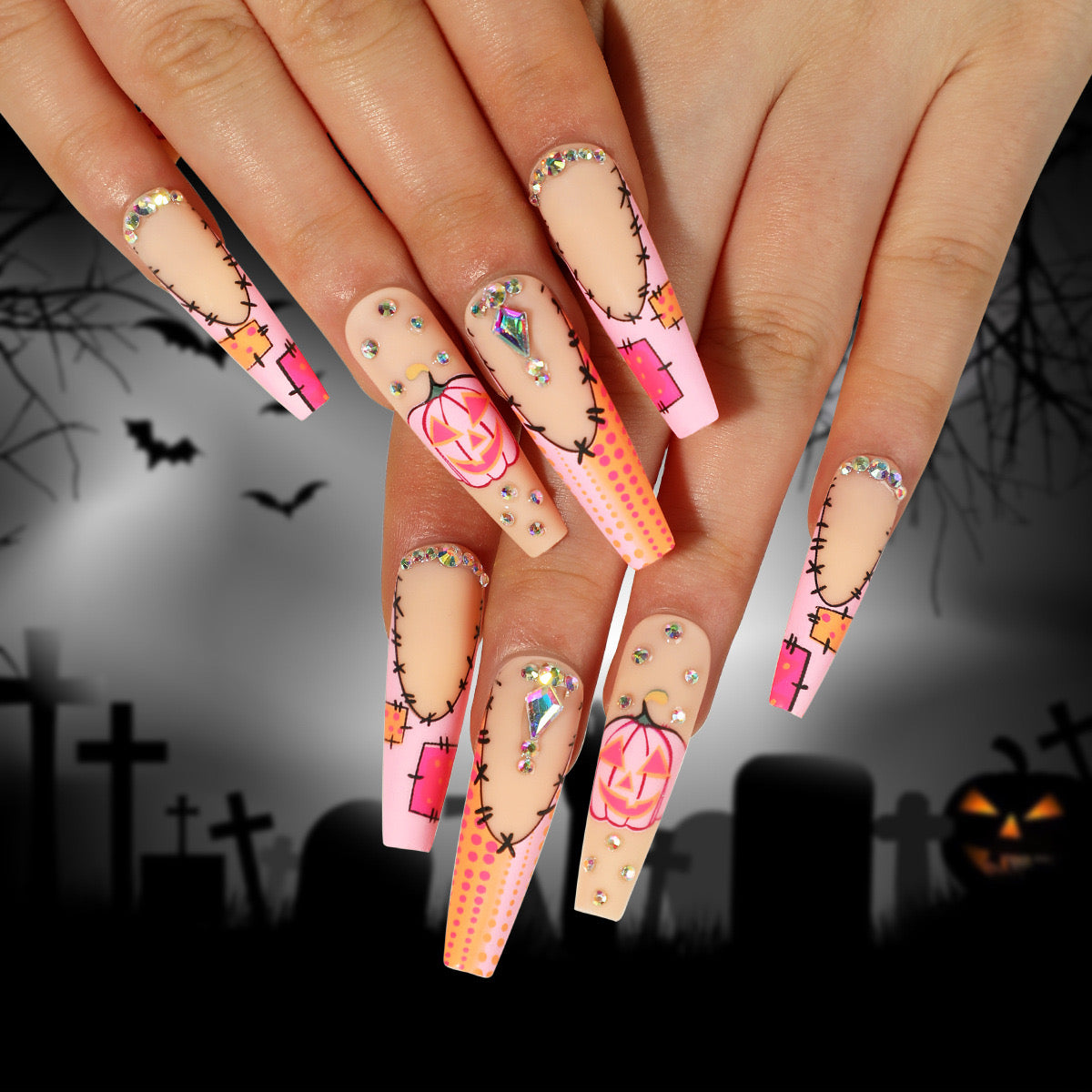 Pumpking Patch Long Coffin Pink Halloween Press On Nails