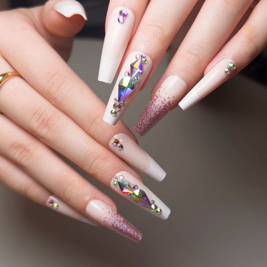 Mercury Long Coffin Pink Studded Press On Nails