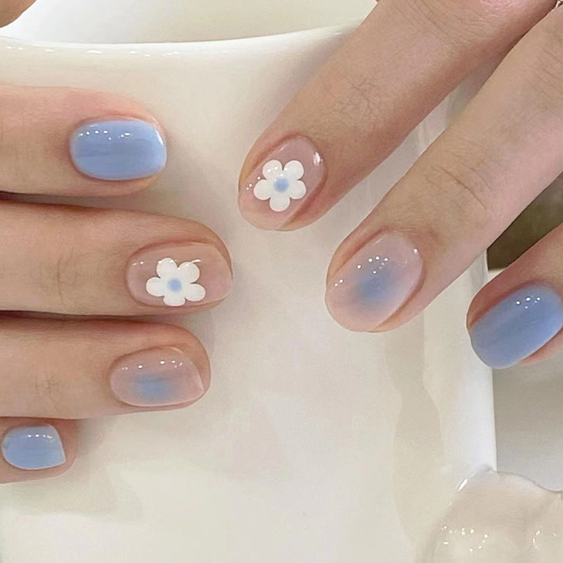 Spring Blossom Short Round Ombre Blue Press On Nail Set with 3D Flower Accents