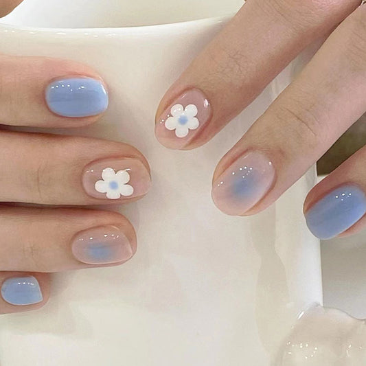 Spring Blossom Short Round Ombre Blue Press On Nail Set with 3D Flower Accents