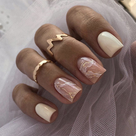 Greek Walls Short Square Beige Marble Press On Nails