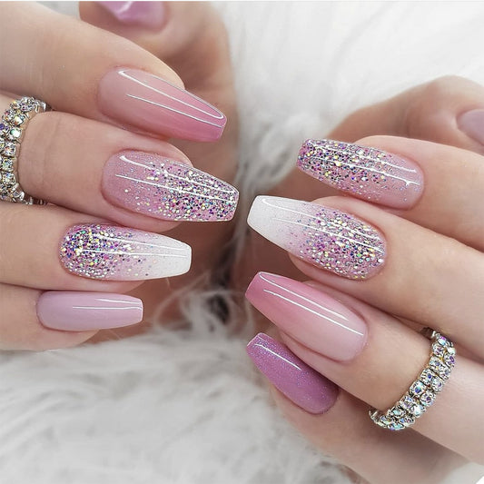 Credited Medium Coffin Pink Glitter Press On Nails