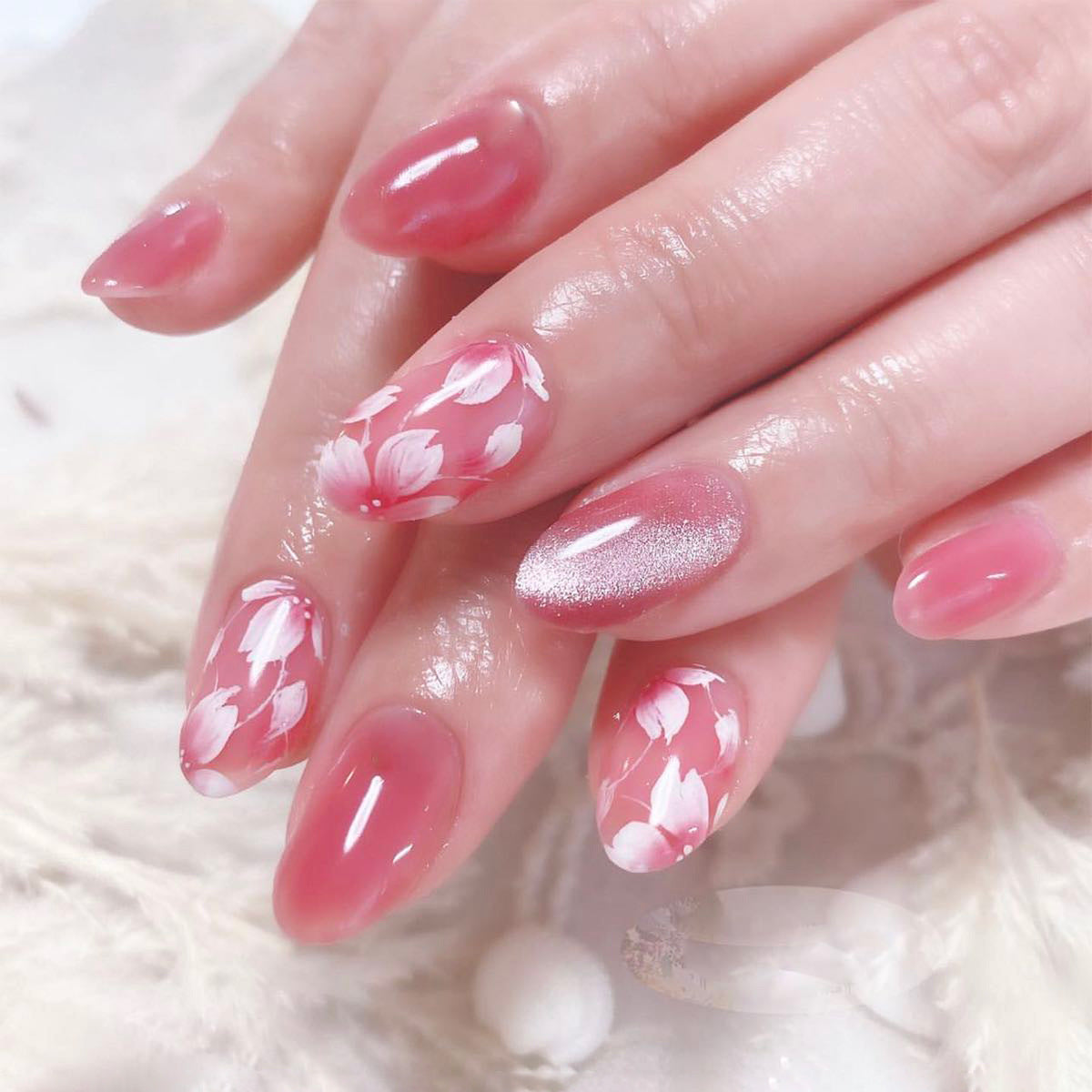 Island Drama Medium Round Pink Vacation Press On Nails