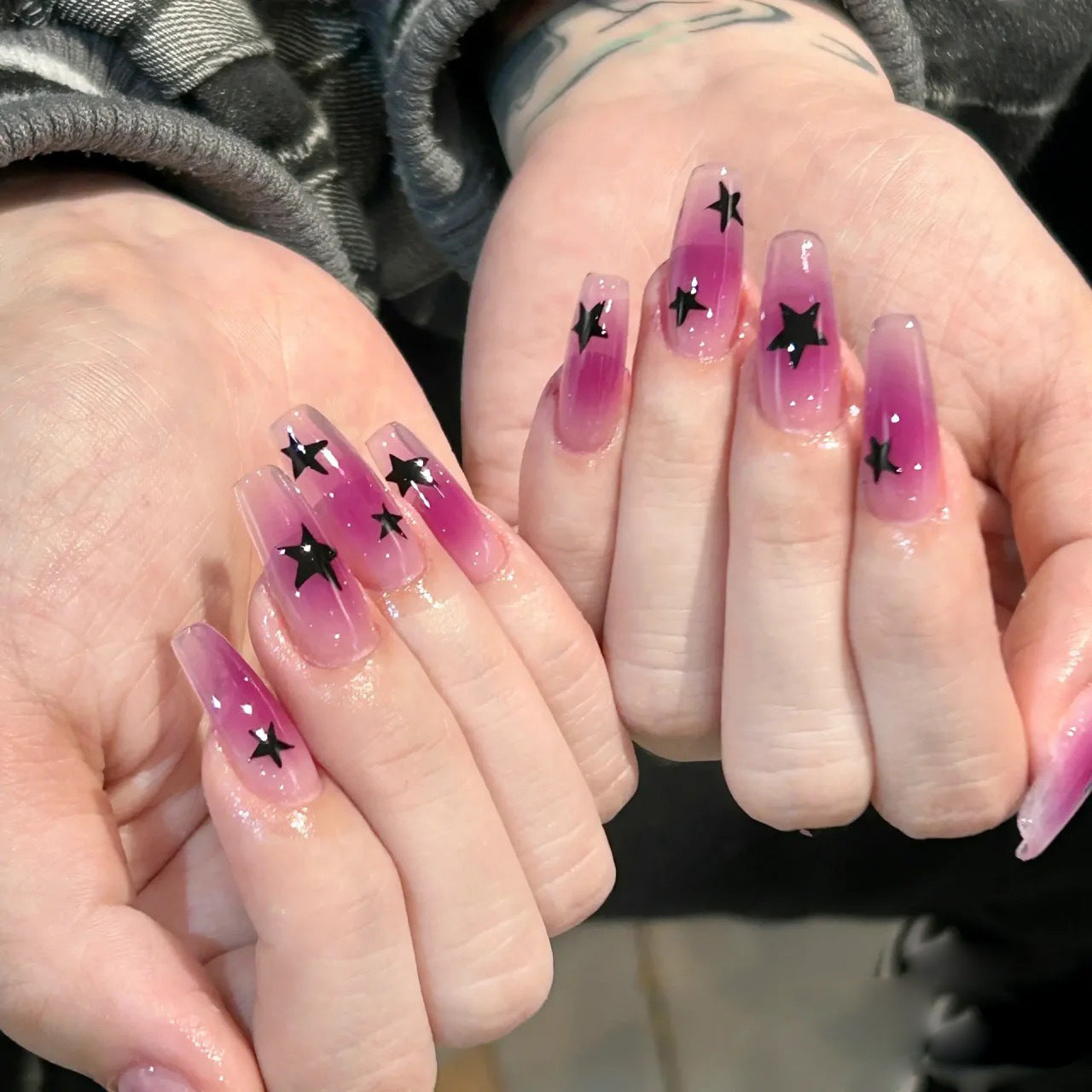 Back To The Trip Long Coffin Pink Stars Press On Nails