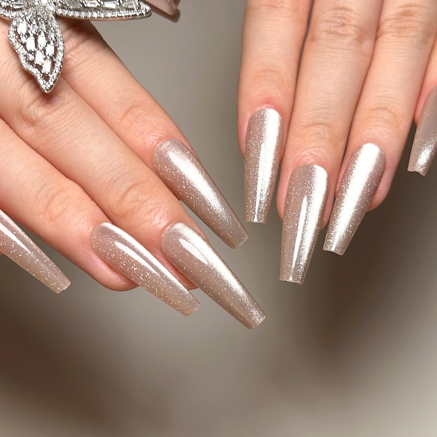 Path To Space Long Coffin Beige Glossy Press On Nails