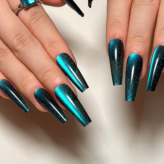 Path To Space Long Coffin Blue Glossy Press On Nails