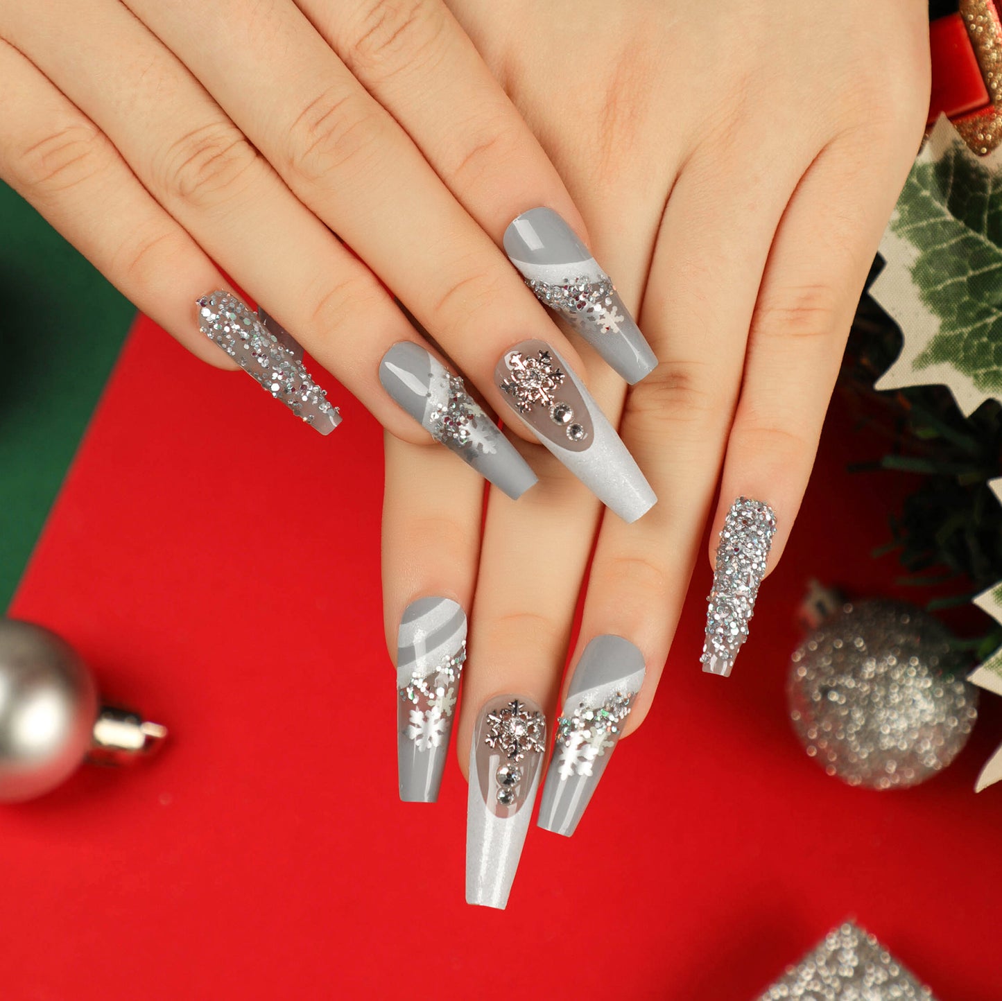 Tinsel Time Long Coffin Silver Winter Press On Nails