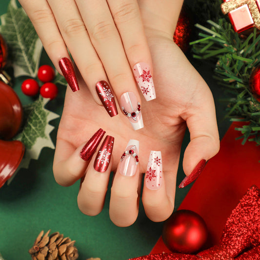 Fine Wrapper Long Coffin Red Holiday Press On Nails