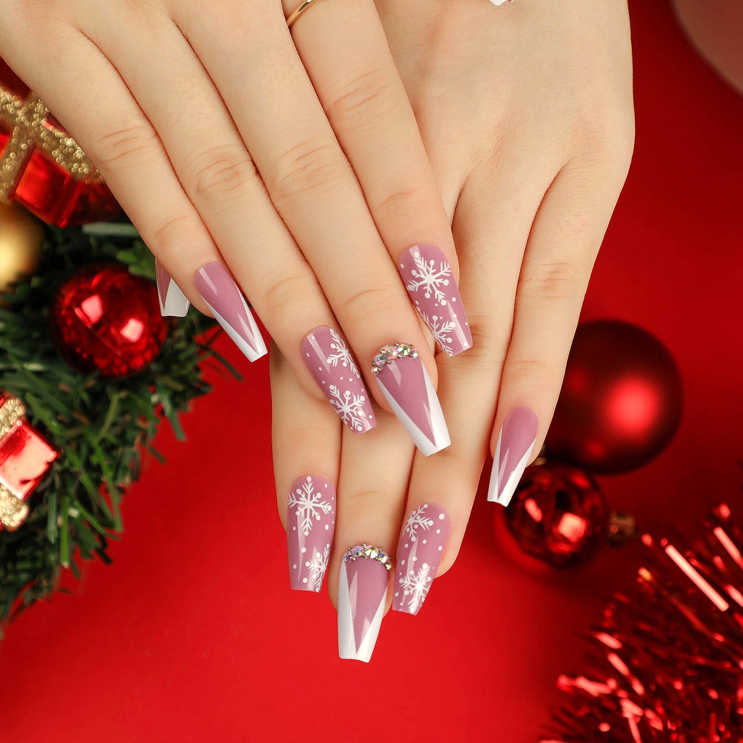 Strawberry Snows Long Coffin Pink Holiday Press On Nails