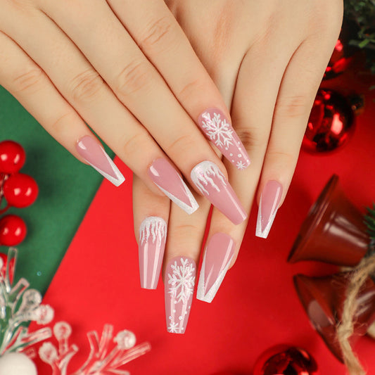 Baddie For Christmas Long Coffin Pink Holiday Press On Nails