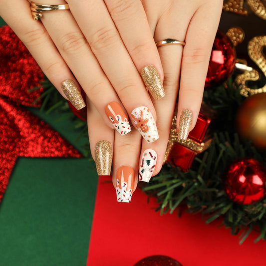 Fresh Baked Gingerbread Medium Coffin White Holiday Press On Nails