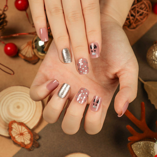 Silver Nosed Reindeer Short Squoval Pink Holiday Press On Nails