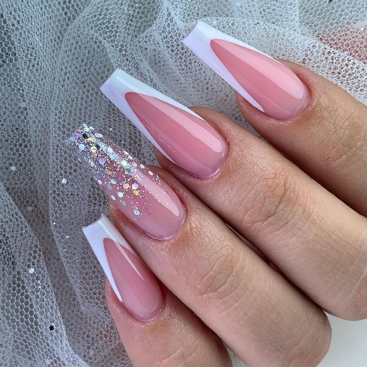 On Retainer Babe Long Coffin White Glitter Press On Nails