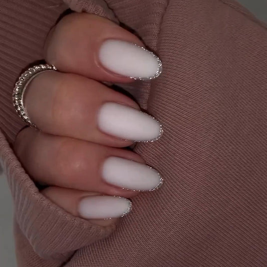 Snowball Fight Long Oval White Glitter Press On Nails