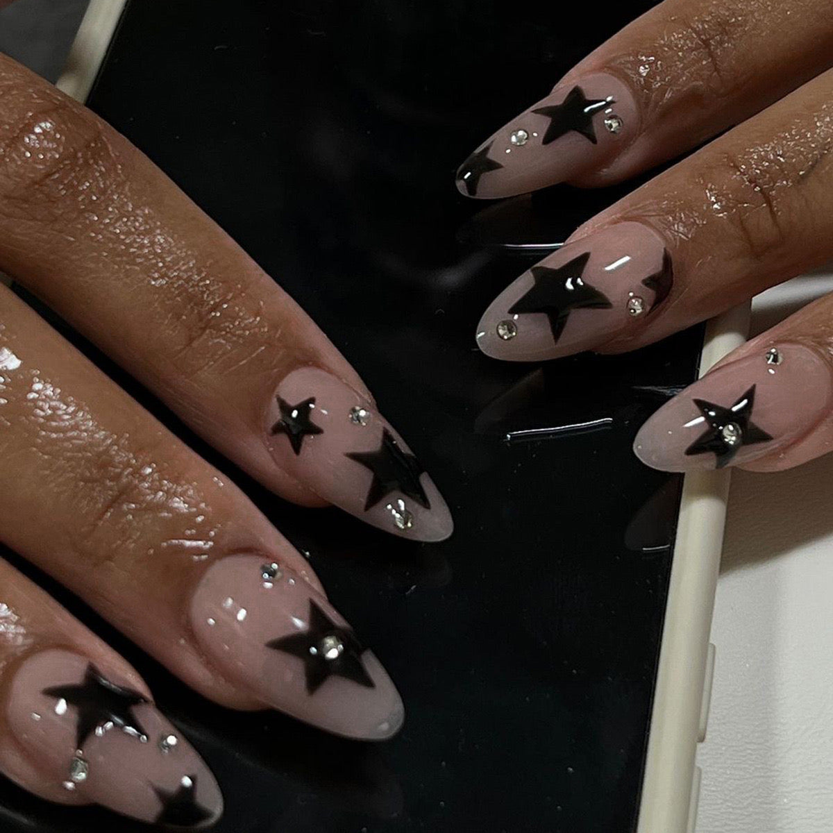 Backstage Rockstar Medium Almond Black Studded Press On Nails