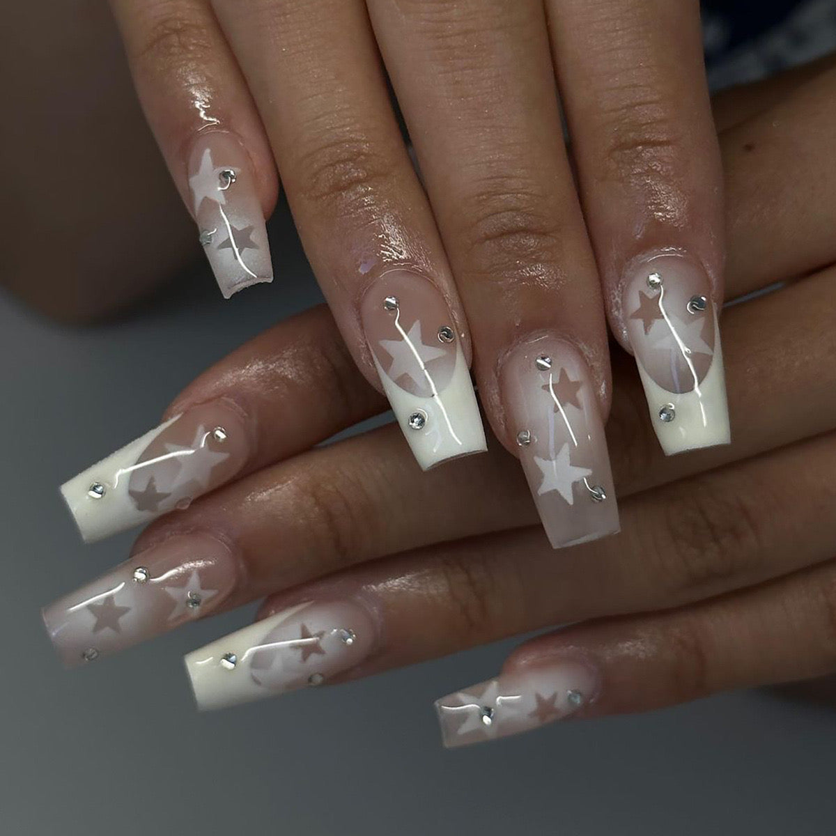 Stargazer Long Coffin Milky White Press On Nails with Starry Design and Crystal Embellishments