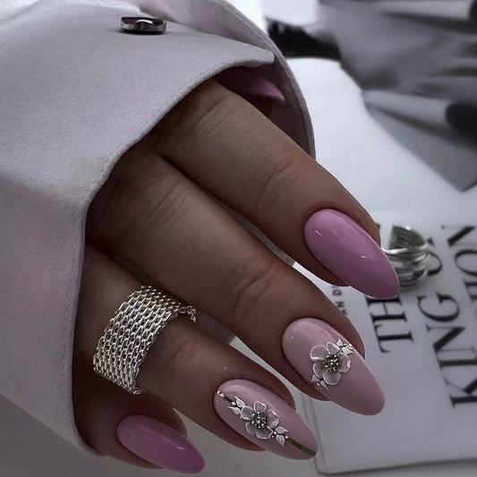 Good For Her Short Almond Pink Floral Press On Nails