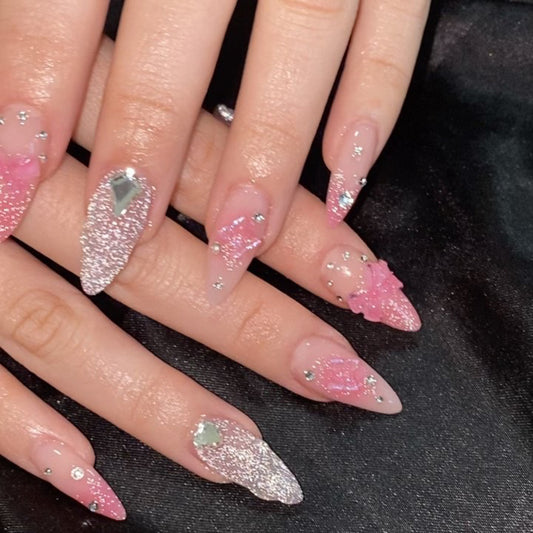 A Glittery Movement Medium Almond Pink Glam Press On Nails