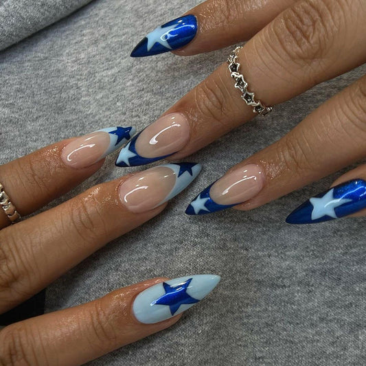 Rocking Around Medium Almond Blue Stars Press On Nails