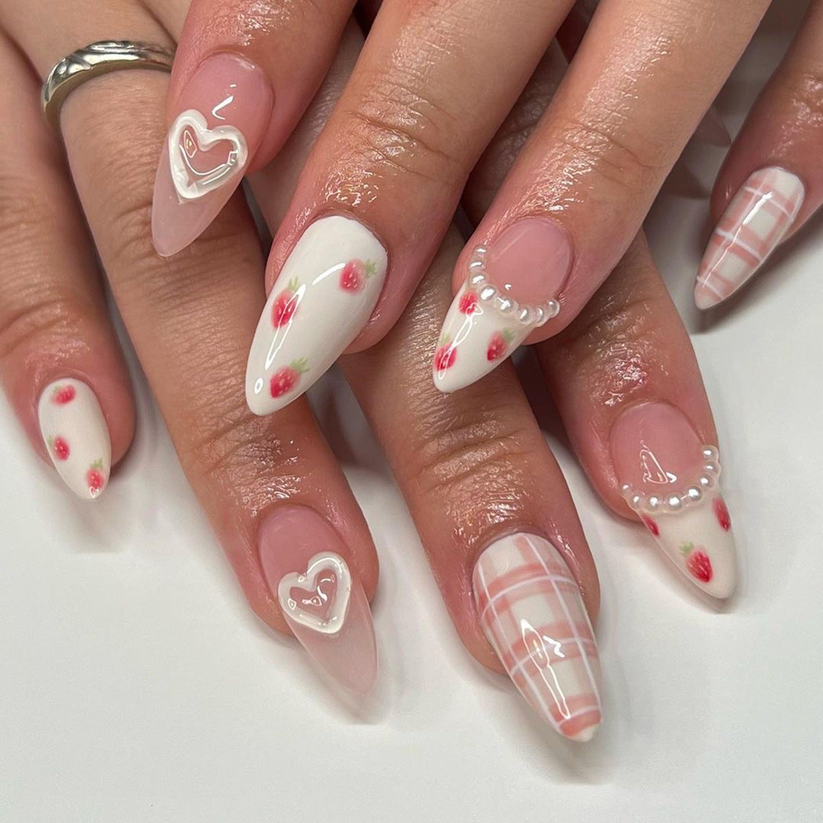 Strawberry Mindset Medium Almond White Pearls Press On Nails