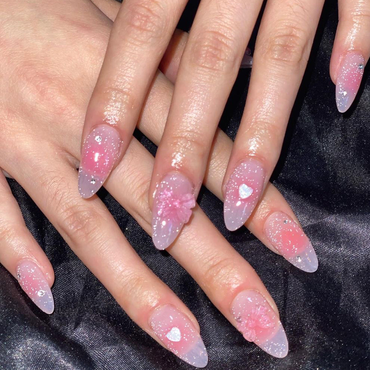 Crunchy Crystals Long Almond Pink Glitter Press On Nails