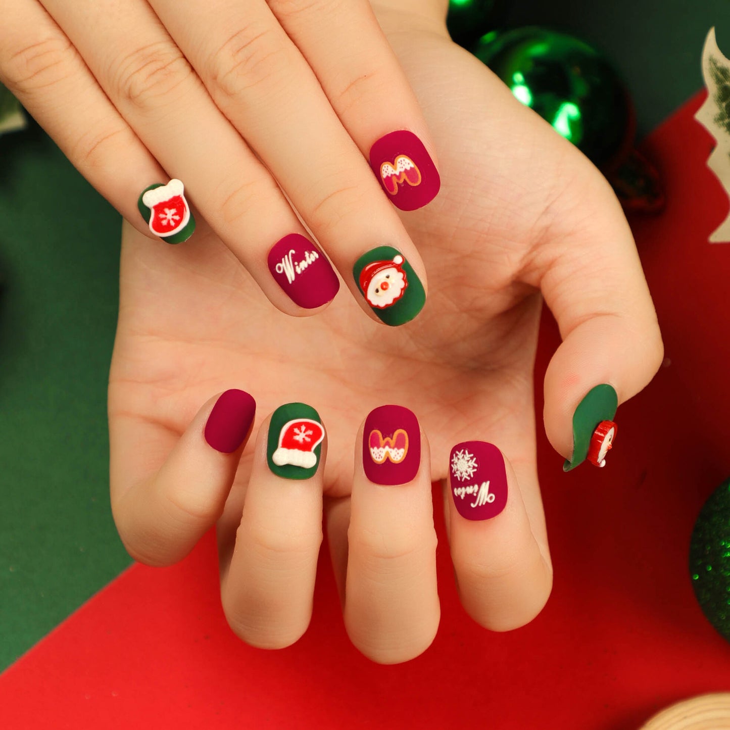 Winter Wishes Short Round Red Holiday Press On Nails