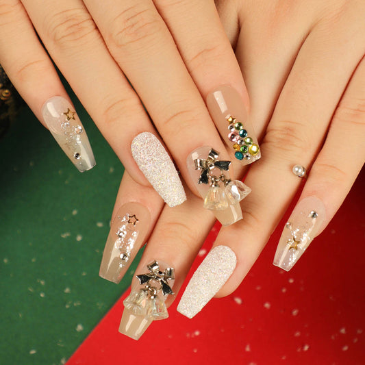 Holiday Bells Medium Coffin Gold Winter Press On Nails