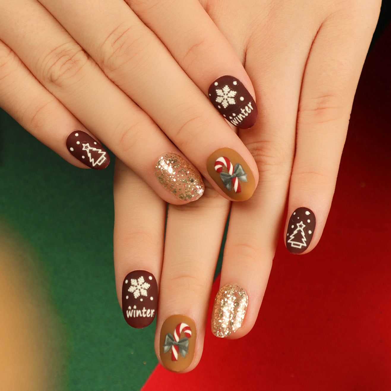 Gingerbread House Short Round Brown Holiday Press On Nails