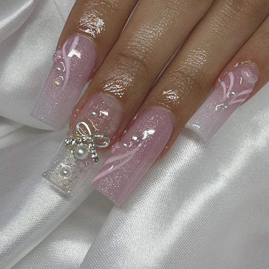 The First Princess Long Square Pink Glitter Press On Nails