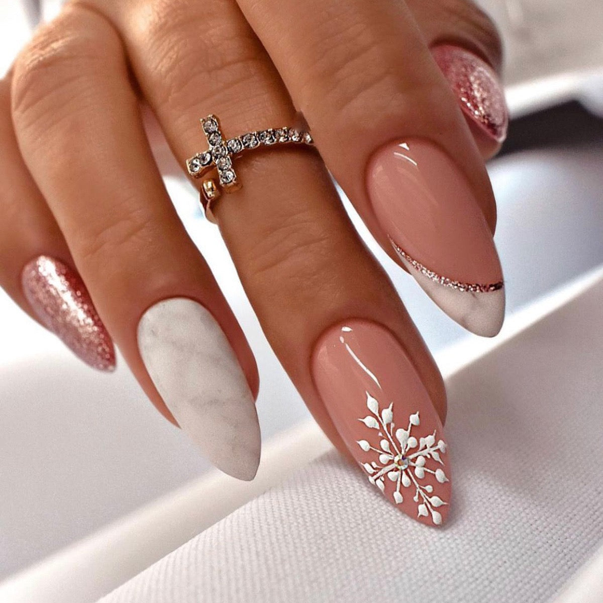 Snowflake Queenie Medium Almond White Winter Press On Nails