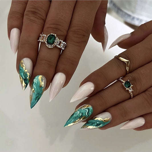 The Roman Empire Medium Stiletto Green Marble Press On Nails