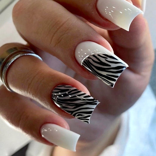 On The Run Long Square White Zebra Press On Nails