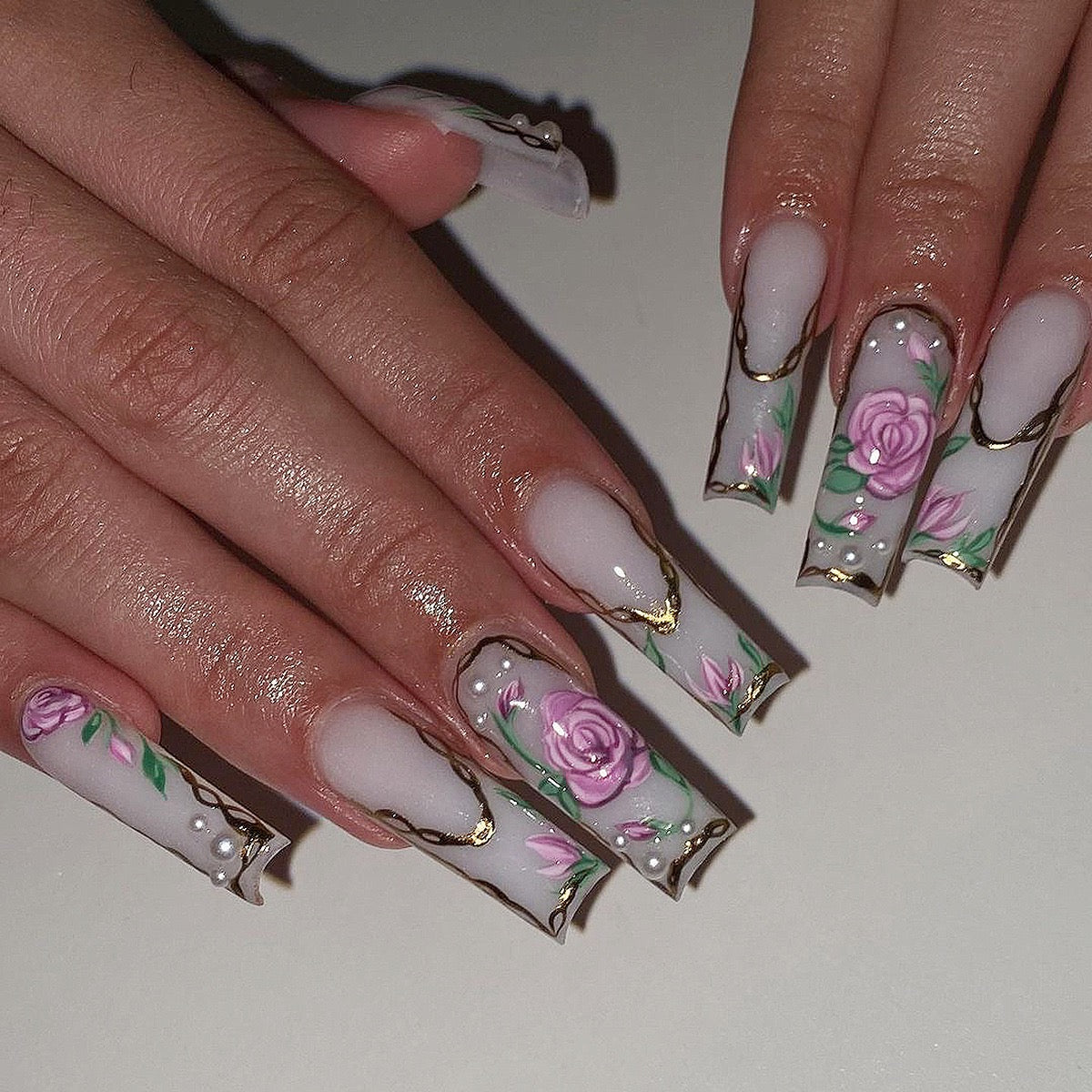 Marie Antoinette Long Coffin Gray Floral Press On Nails