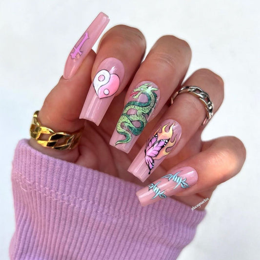 Tattooed Mami Long Square Pink Bold Press On Nails