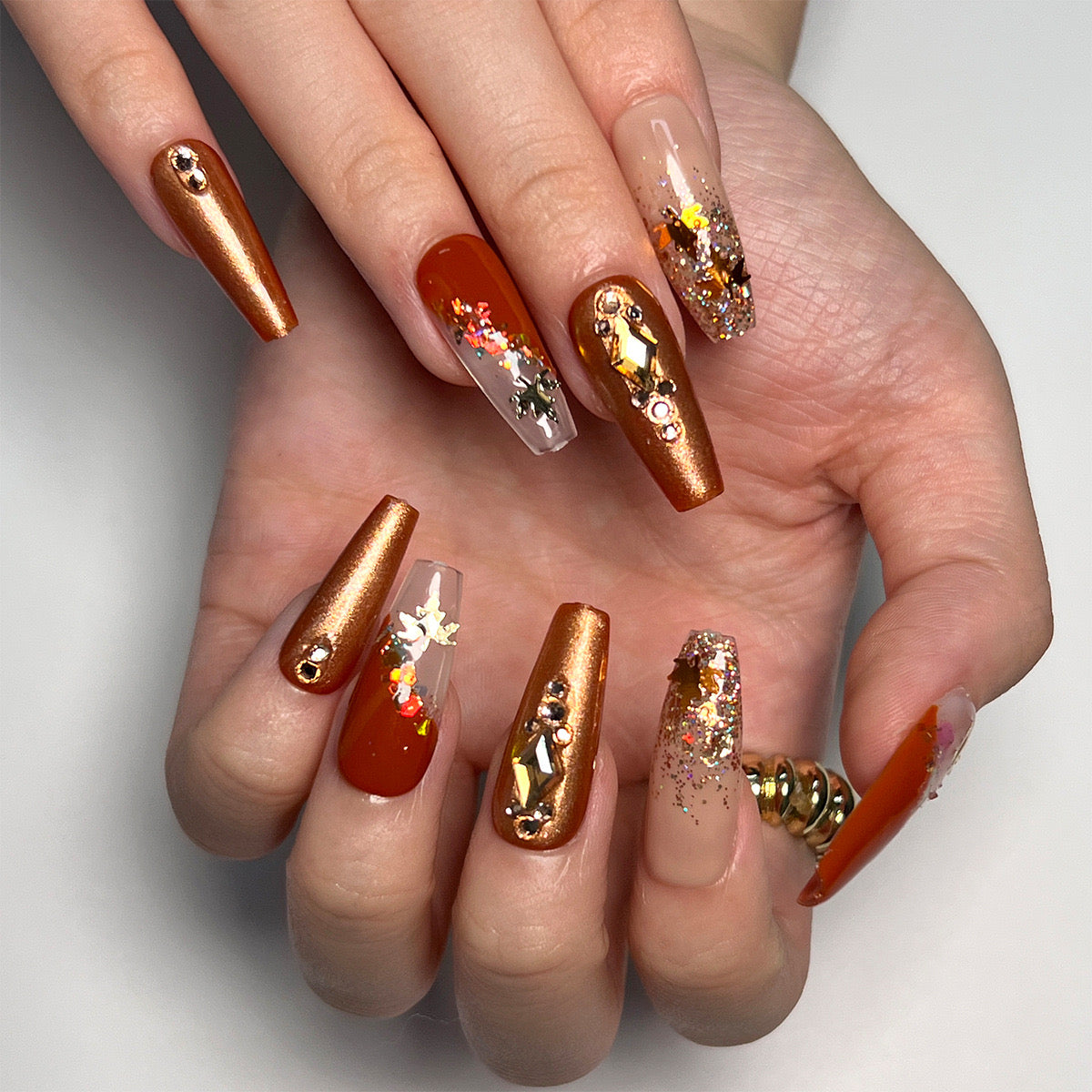 Autumn Radiance Long Coffin Copper and Rust Press On Nails with Floral Accents and Glitter Details