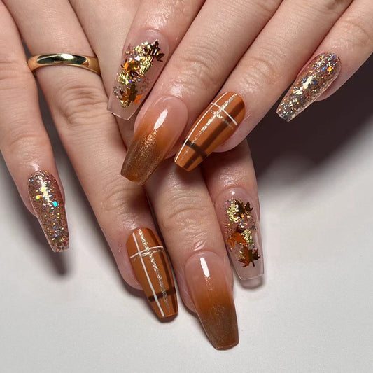 Autumn Festival Long Coffin Brown Glitter Press On Nails