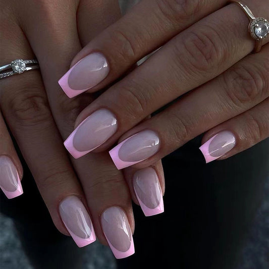 All The Way Across Medium Coffin Pink French Tips Press On Nails