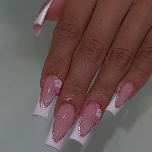 Building Sandcastles Long Coffin Pink Floral Press On Nails