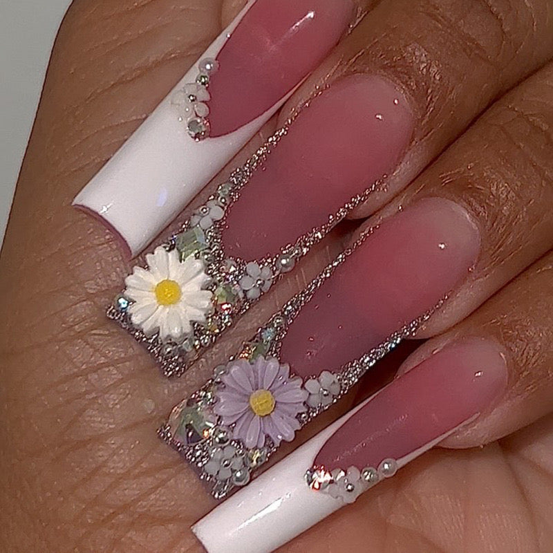 Spring Blossom Long Coffin Pink and White Ombre Press-On Nails with Floral Accents and Rhinestone Chains