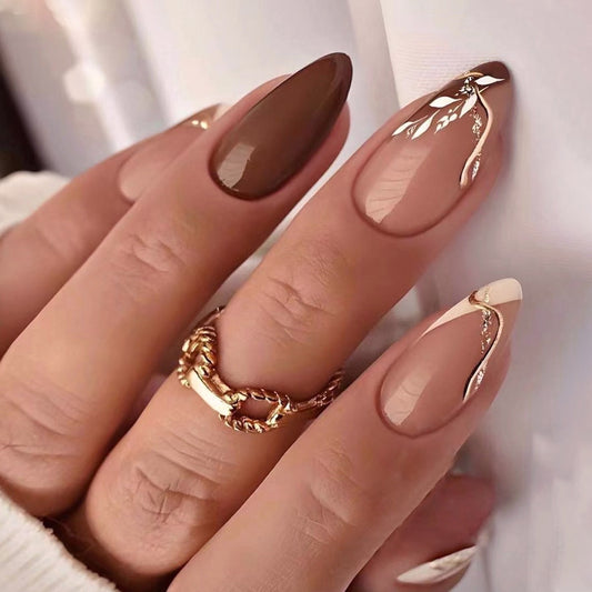 The Trend Arising Medium Almond Brown Floral Press On Nails