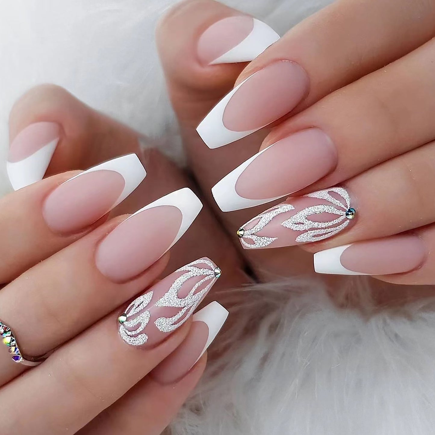 Elegant Bridal Long Coffin-Shape French Tip White Press On Nail Set with Glitter Accents and Rhinestone Embellishments