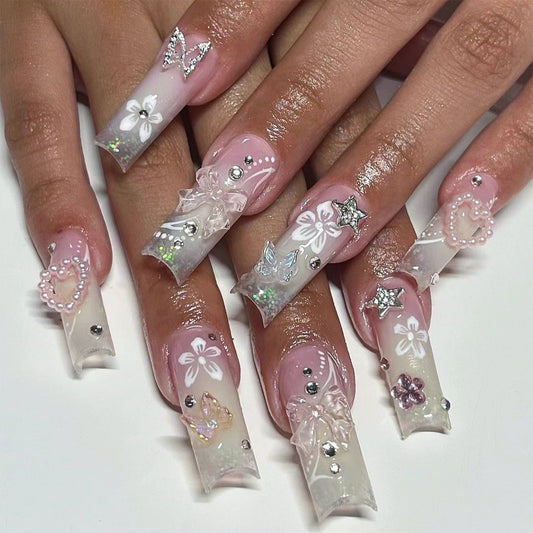 Enchanted Garden Extra Long Coffin Translucent Press-On Nails with Floral Art and Crystal Accents