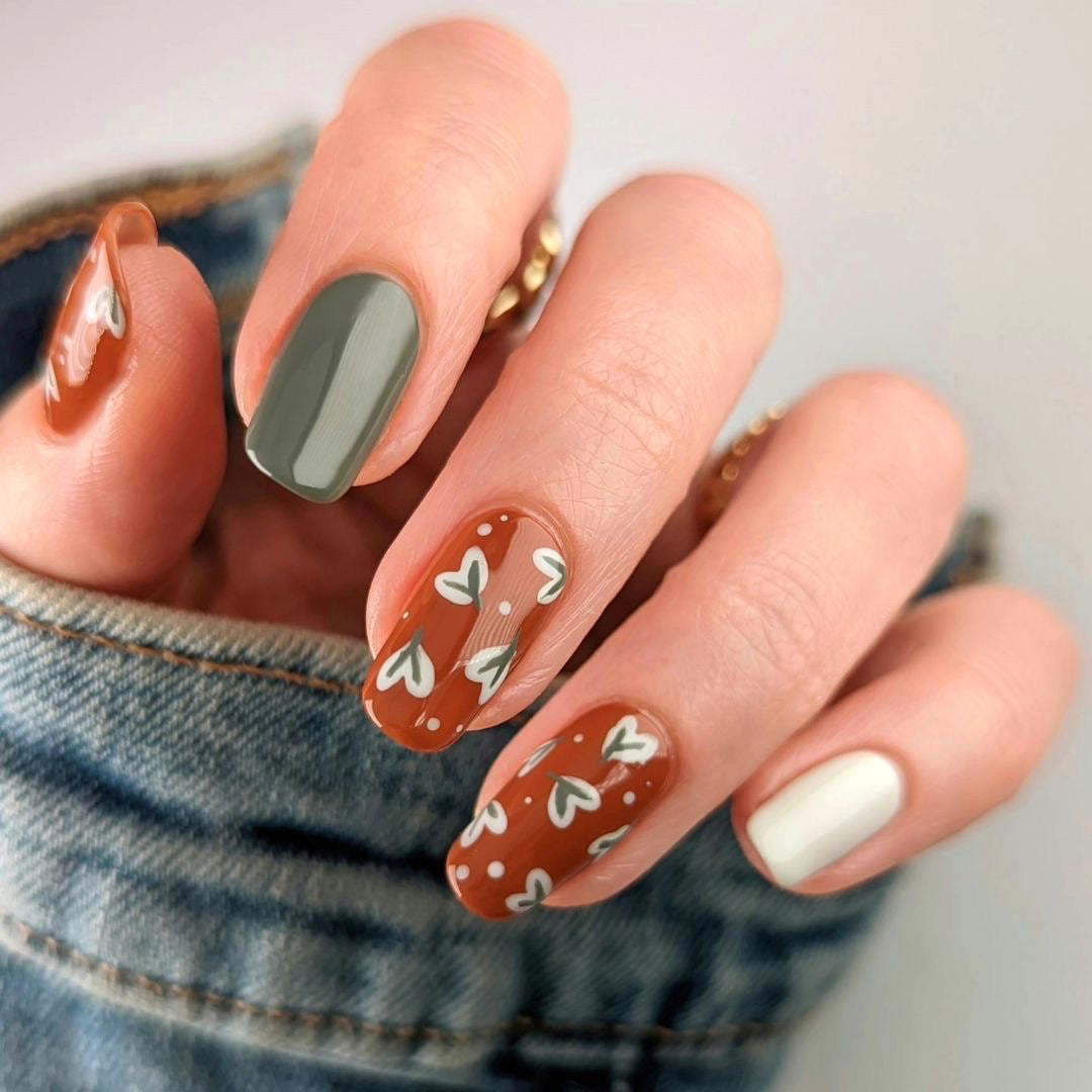 Autumn Elegance Medium Length Squoval-Shaped Press On Nail Set in Earth Tones with Heart Accents