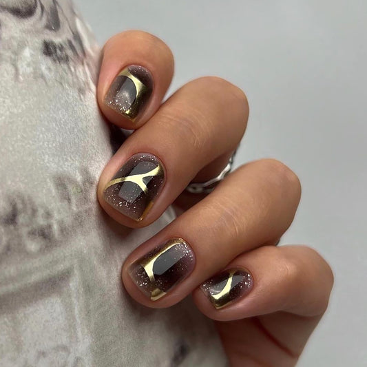 Galaxy Gold Medium Square Purple Marble Press On Nails