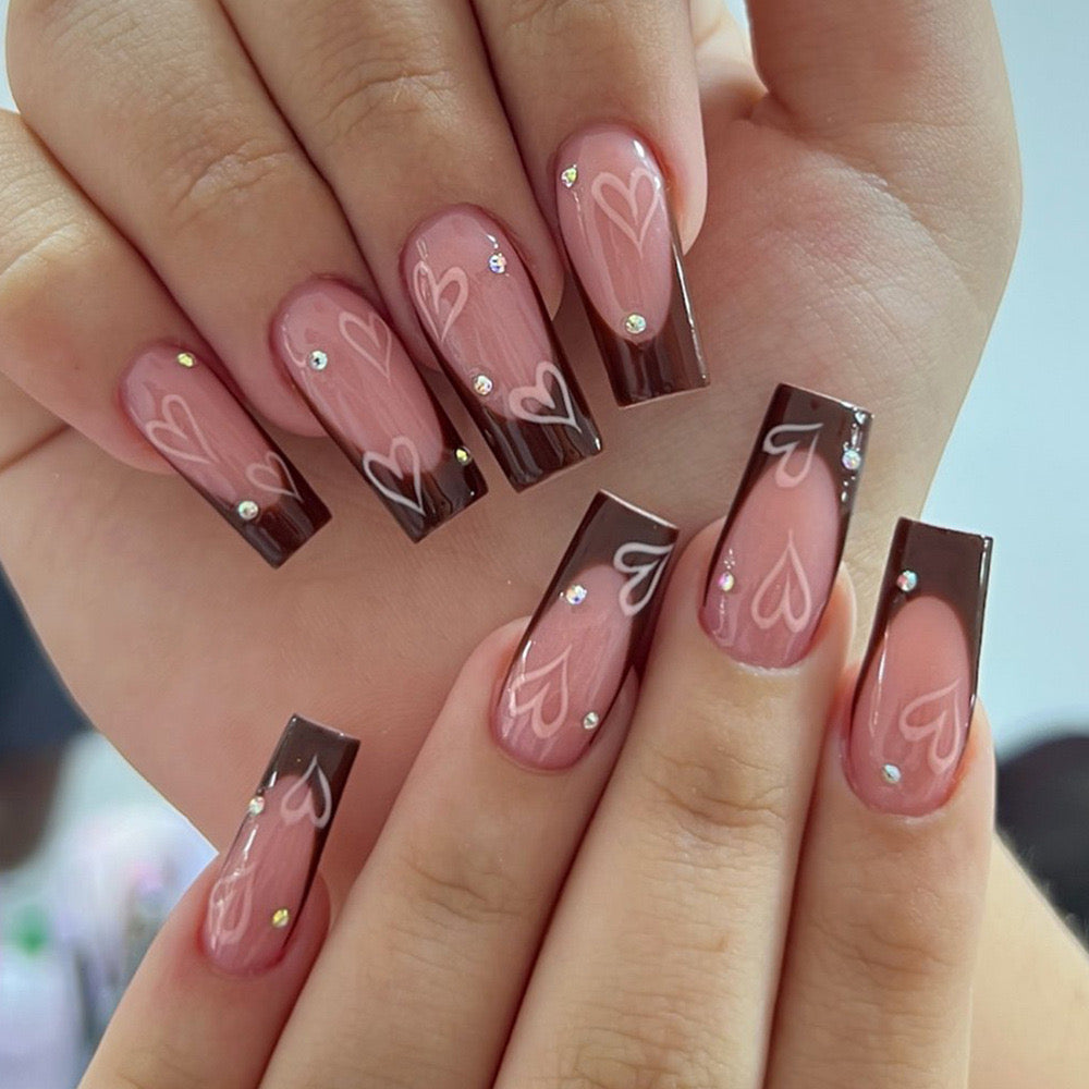 Oh Sweet Baby Medium Square Brown Hearts Press On Nails