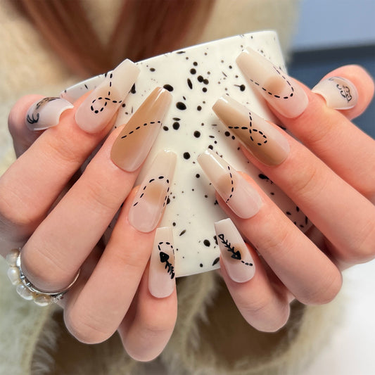 Dotted Line Fish Long Coffin White Cute Press On Nails