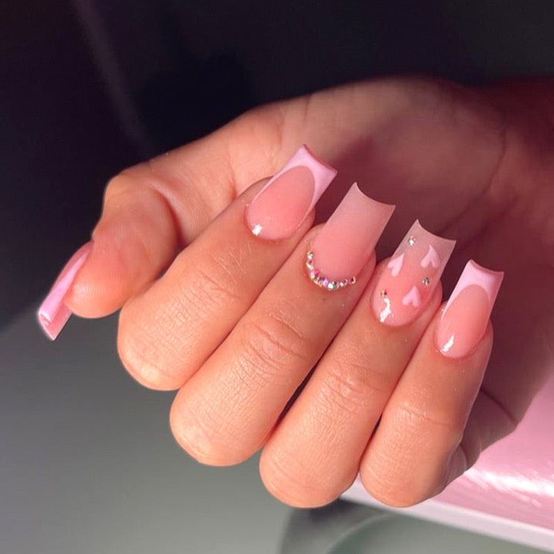 Follow Me Medium Square Pink Hearts Press On Nails