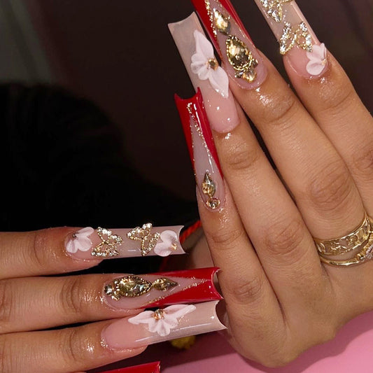 Exquisite Gala Extra Long Coffin Pink and Red Press-On Nails with 3D Flower and Jewel Embellishments