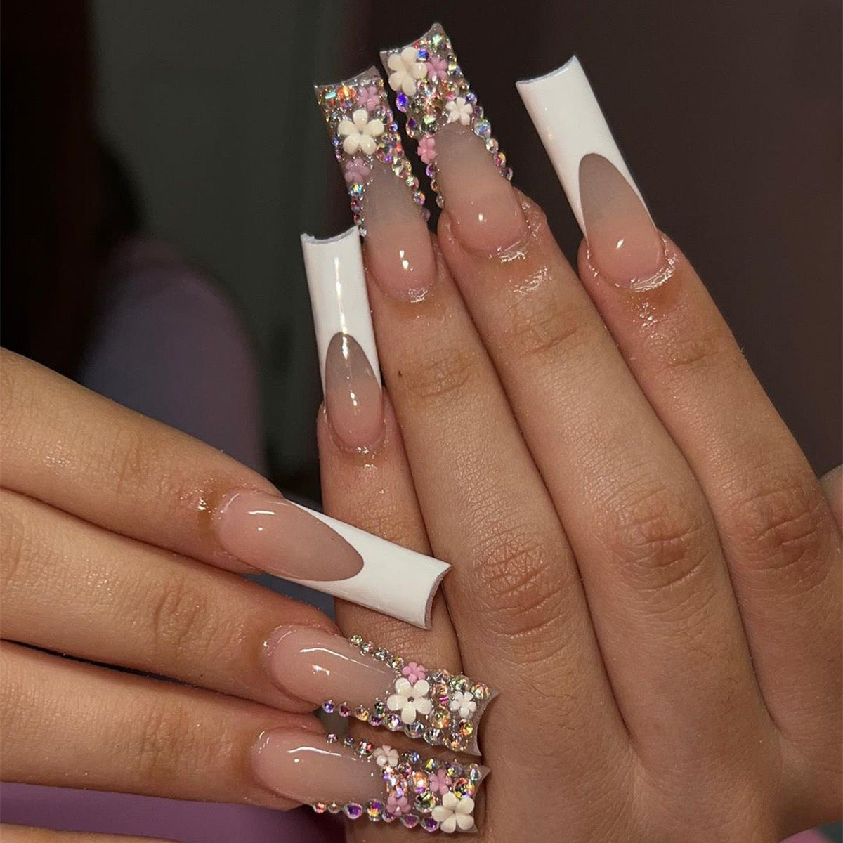 Floral Fantasy Extra Long Coffin Beige Press-On Nails with White Tips and Multicolor Crystal Embellishments