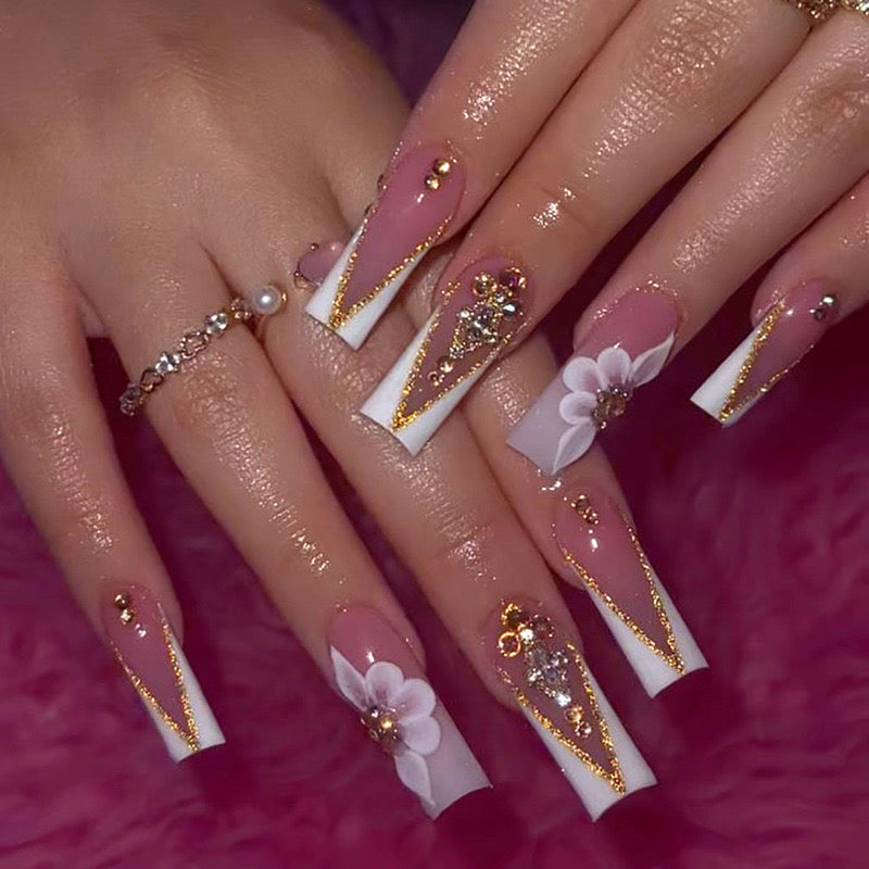 Gilded Petals Long Coffin Beige to White Ombre Press-On Nails with Floral Accents and Gold Detailing